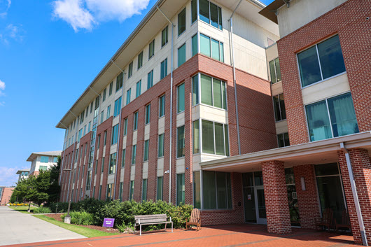Wide walkway between modern brick-and-glass campus buildings, leading toward a distant domed structure under a cloudy sky.
