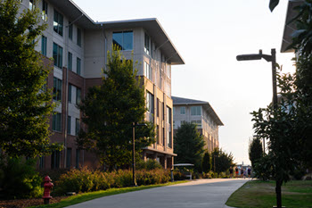 Exterior view of Douthit Hills C, a multi-story brick residence hall with a central entrance, large windows, and a landscaped courtyard.