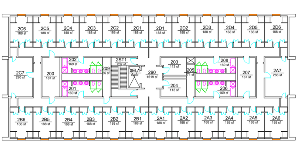 Floor plan of Barnett with rows of rooms labeled 2A1–2A7, 2B1–2B6, 2C1–2C7, and 2D1–2D6 along both exterior walls. Central core includes stairs, elevator, study rooms, and two restroom/shower areas highlighted in pink and green.