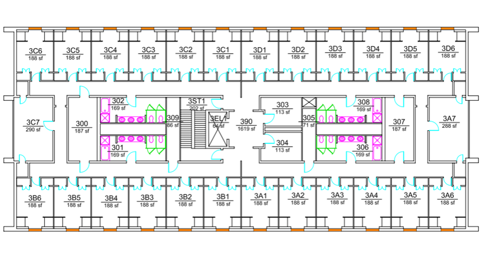 Floor plan of Barnett with rows of rooms labeled 3A1–3A7, 3B1–3B6, 3C1–3C7, and 3D1–3D6 along both exterior walls. Central core includes stairs, elevator, study rooms, and two restroom/shower areas highlighted in pink and green.