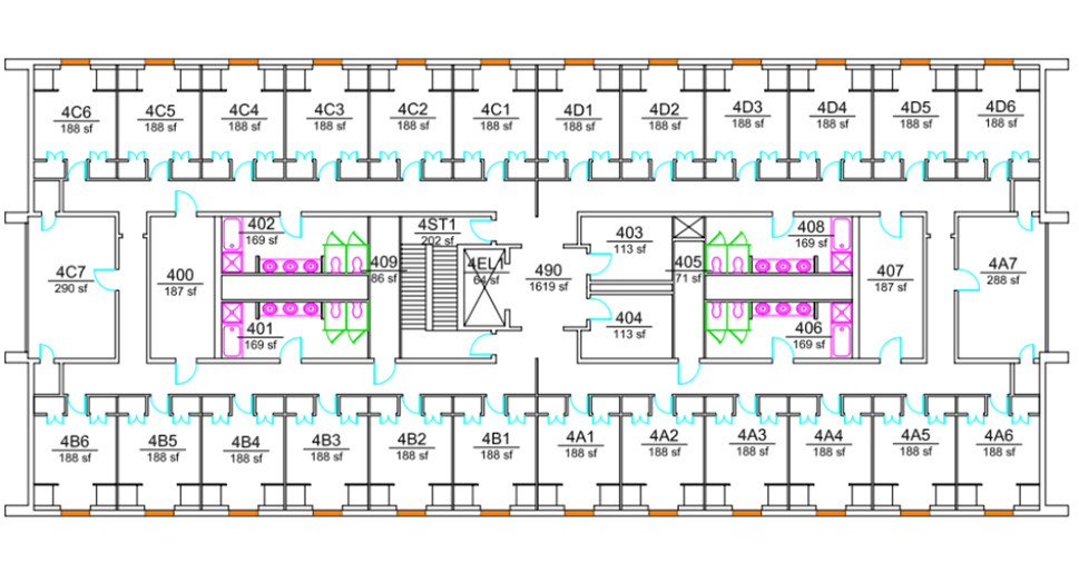 Floor plan of Barnett with rows of rooms labeled 4A1–4A7, 4B1–4B6, 4C1–4C7, and 4D1–4D6 along both exterior walls. Central core includes stairs, elevator, study rooms, and two restroom/shower areas highlighted in pink and green.