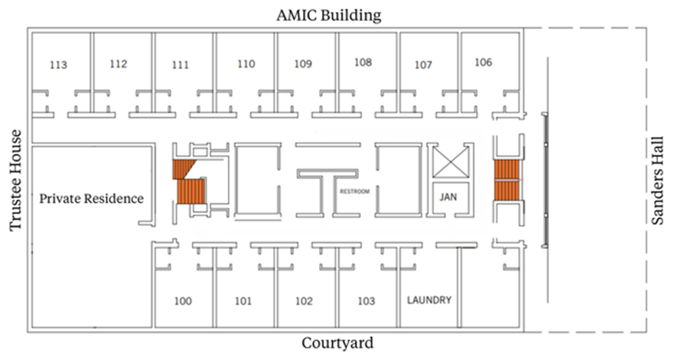 First-floor plan with a central corridor. Rooms 106-113 and a lounge line the top (AMIC Building side). Rooms 100–103 and a laundry room line the bottom (Coutryard side). Restrooms are near the center. A large private residence (114) is on the right (Trustee House side). Stairs are on the left (Greer Hall side).