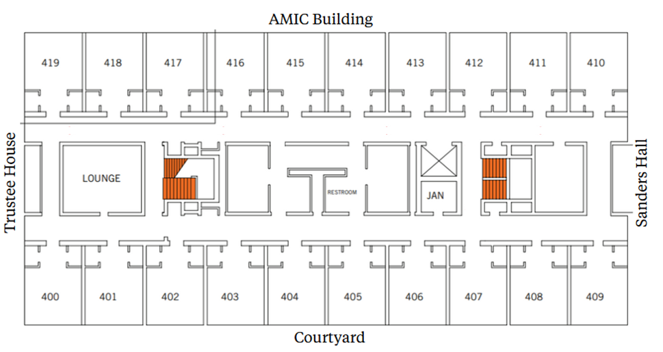 Fourth-floor plan with a central corridor. Rooms 410–419 line the top (AMIC Building side). Rooms 400–409 line the bottom (Courtyard side). A lounge and stairs are on the left (Trustee House side). Restrooms and additional stairs are near the center-right. Sanders Hall is along the right side.