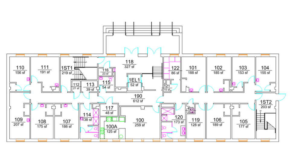 Bowen Hall first-floor plan showing student bedrooms arranged along both sides of a double-loaded corridor, including larger rooms at the building ends. The center core includes a main lobby/lounge area, two stairwells, an elevator, study and support rooms, mechanical/electrical spaces, and multiple restroom/shower areas with ADA-accessible facilities.