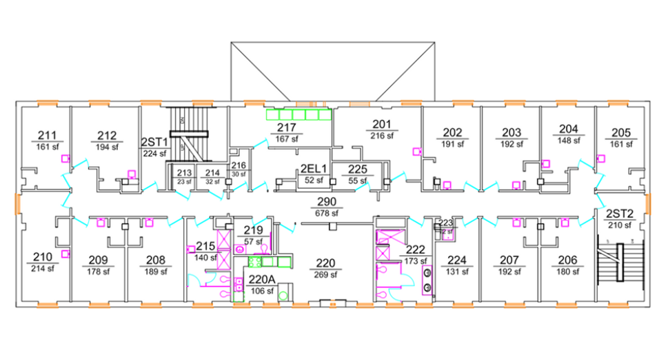 Bowen Hall upper-floor plan showing student bedrooms arranged along both sides of a double-loaded corridor. The center core includes two stairwells, an elevator, study and lounge spaces, support rooms, and multiple restroom/shower areas with ADA-accessible facilities.