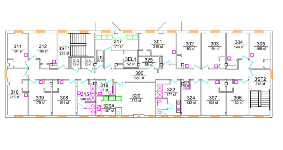 Bowen Hall upper-floor plan showing student bedrooms arranged along both sides of a double-loaded corridor. The center core includes two stairwells, an elevator, study and lounge spaces, support rooms, and multiple restroom/shower areas with ADA-accessible facilities.