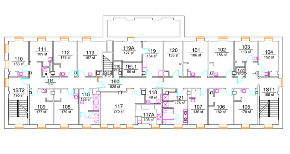 Bradley Hall first-floor plan showing student bedrooms arranged along both sides of a double-loaded corridor, including larger rooms at the building ends. The center core includes two stairwells, an elevator, study and lounge spaces, support rooms, and multiple restroom/shower areas with ADA-accessible facilities.