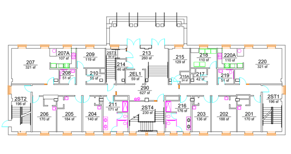 Bradley Hall upper-floor plan showing student bedrooms arranged along both sides of a double-loaded corridor, including larger rooms at the building ends. The center core includes multiple stairwells, an elevator, lounge and support spaces, mechanical/electrical rooms, and restroom/shower areas with ADA-accessible facilities.