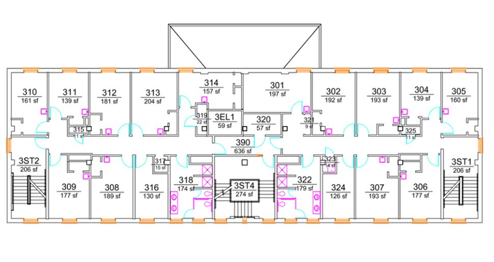 Bradley Hall upper-floor plan showing student bedrooms arranged along both sides of a double-loaded corridor, including larger rooms at the building ends. The center core includes multiple stairwells, an elevator, lounge and support spaces, mechanical/electrical rooms, and restroom/shower areas with ADA-accessible facilities.