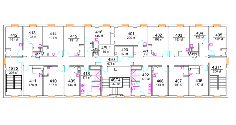 Bradley Hall upper-floor plan showing student bedrooms arranged along both sides of a double-loaded corridor, including larger rooms at the building ends. The center core includes multiple stairwells, an elevator, lounge and support spaces, mechanical/electrical rooms, and restroom/shower areas with ADA-accessible facilities.