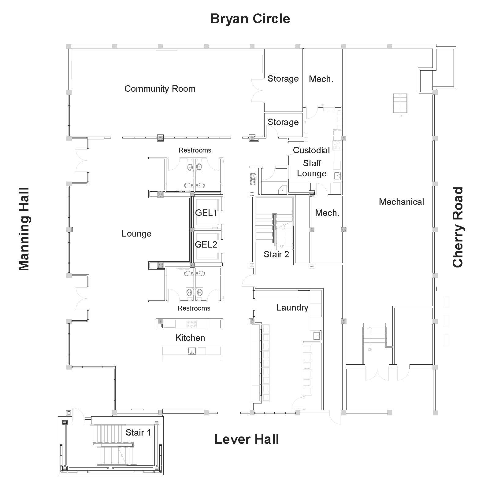Floor plan of Bryan Mall Circle level at Hendrix Student Center. Manning Hall borders the left side and Cherry Road borders the right.Layout includes two elevators and stairs, meeting/study rooms, restrooms, service and electrical rooms, kitchen, lounge and laundry area.