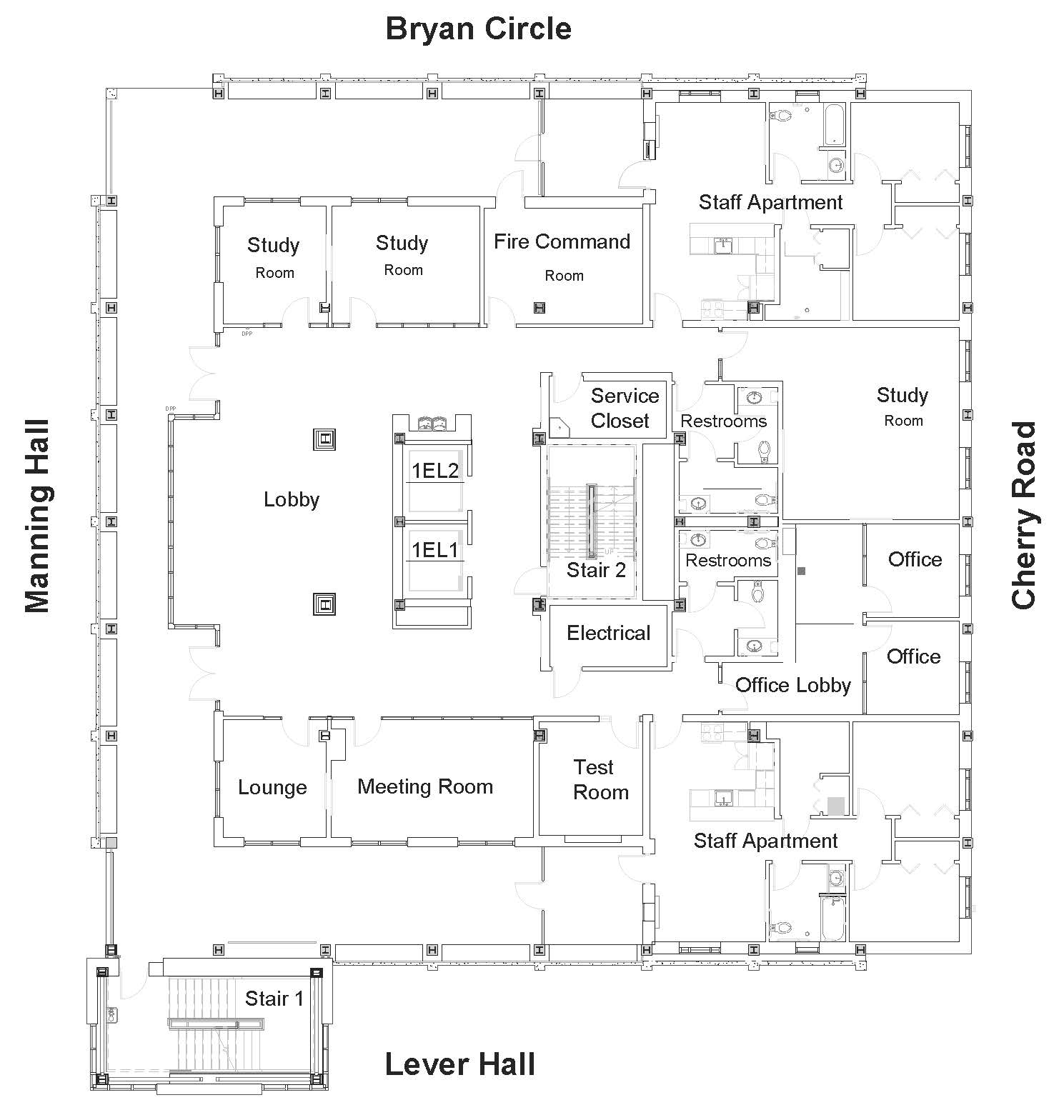 Floor plan of Bryan Mall Circle level at Hendrix Student Center. Manning Hall borders the left side and Cherry Road borders the right. Layout includes a central lobby with two elevators and stairs, meeting/study rooms, lounge and meeting spaces, offices, restrooms, service and electrical rooms, a fire command room and two staff apartments with bedrooms and bathrooms.