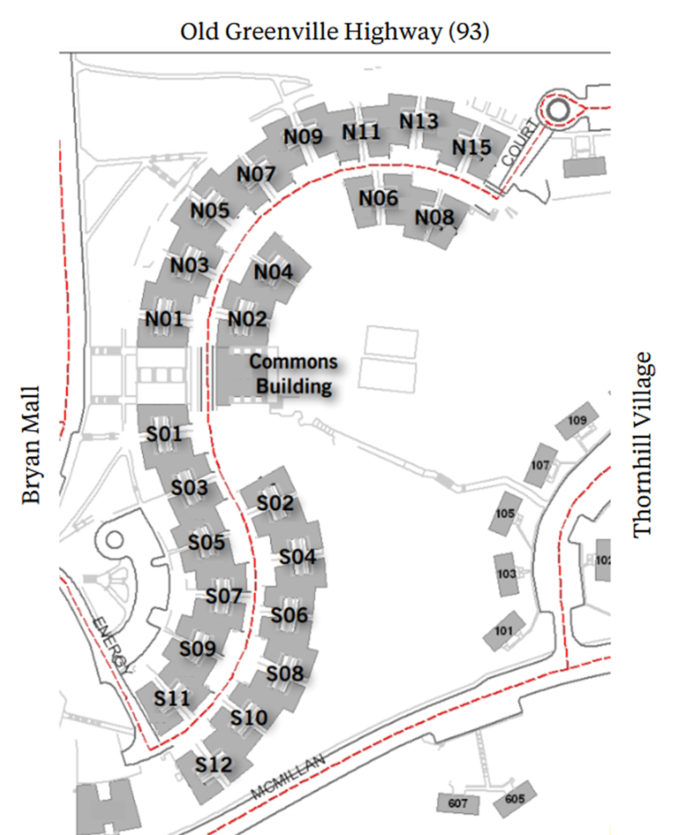 Calhoun Courts community layout showing residential buildings arranged around the Commons Building and internal roadways near Bryan Mall, Thornhill Village, McMillan Road, and Old Greenville Highway 93. The site plan includes north and south residential clusters, connecting streets, sidewalks, parking areas, and surrounding neighborhood connections.