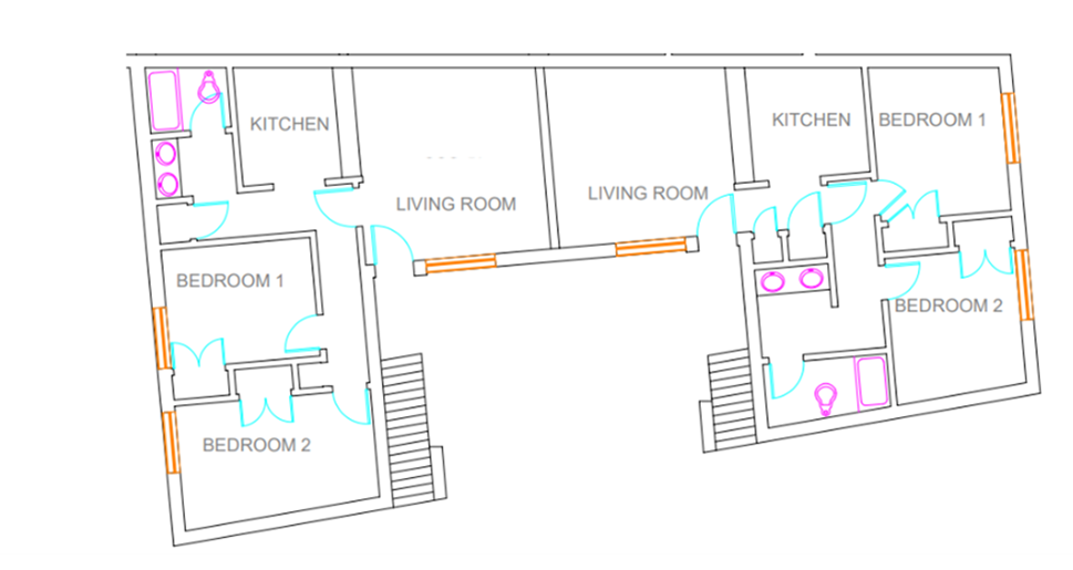 Calhoun Courts downstairs room layout showing two side-by-side apartment units. Each unit includes two bedrooms, a living room, kitchen, bathroom, interior stairs, and exterior access points.