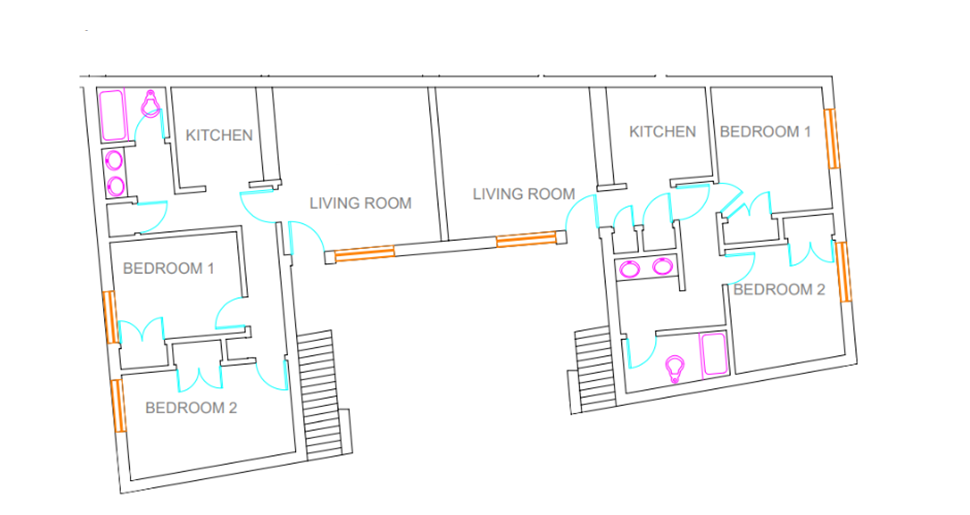 Calhoun Courts upstairs room layout showing two side-by-side apartment units. Each unit includes two bedrooms, a living room, kitchen, bathroom, interior stairs, and exterior access points.