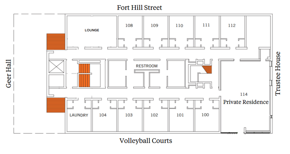 First-floor plan with a central corridor. Rooms 108–112 and a lounge line the top (Fort Hill Street side). Rooms 100–104 and a laundry room line the bottom (Volleyball Courts side). Restrooms are near the center. A large private residence (114) is on the right (Trustee House side). Stairs are on the left (Greer Hall side).