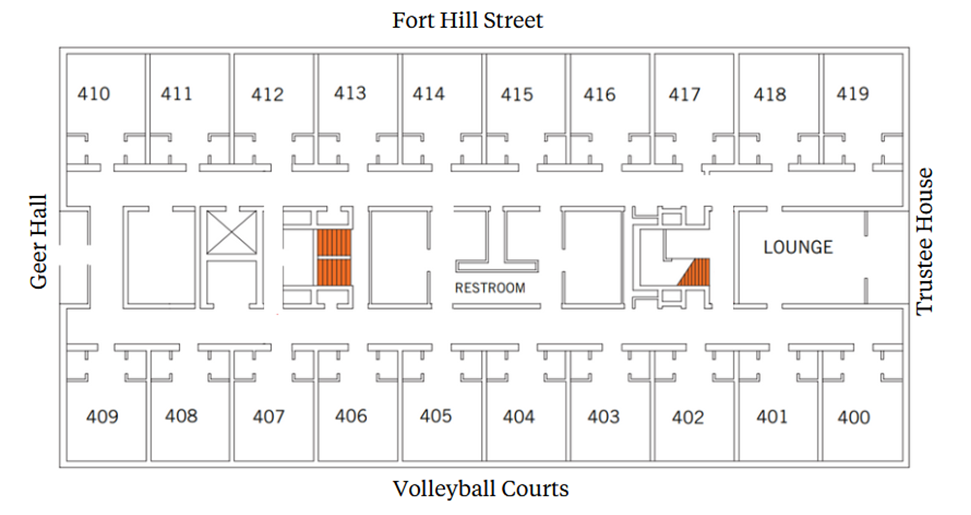 Fourth-floor plan with a central corridor. Rooms 410–419 line the top (Fort Hill Street side). Rooms 400–409 line the bottom (Volleyball Courts side). A lounge and stairs are on the left (Greer Hall side). Restrooms and additional stairs are near the center-right. Trustee House is along the right side.