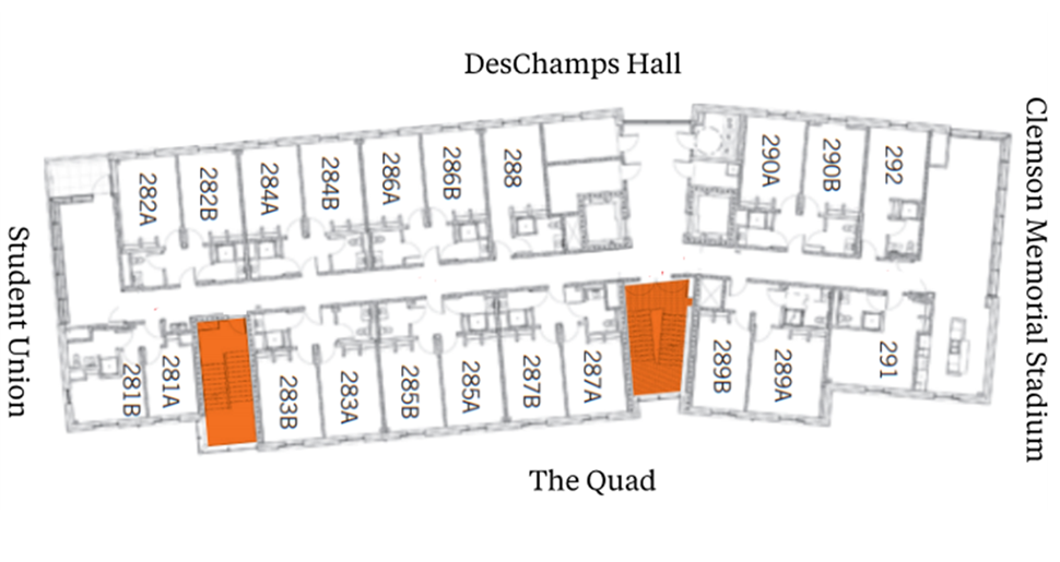 Cribb Hall second-floor plan showing student suites arranged along a central corridor between DesChamps Hall and The Quad, with Clemson Memorial Stadium above and Student Union below. The plan includes suites with two double rooms and a bathroom, plus stairwells highlighted in orange.