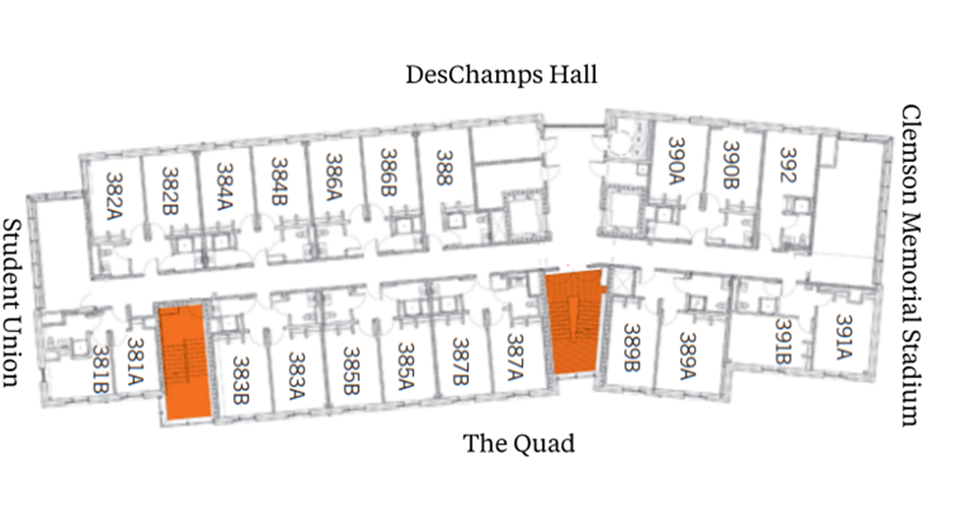 Cribb Hall third-floor plan showing student suites arranged along a central corridor between DesChamps Hall and The Quad, with Clemson Memorial Stadium above and Student Union below. The plan includes suites with two double rooms and a bathroom, plus stairwells highlighted in orange.