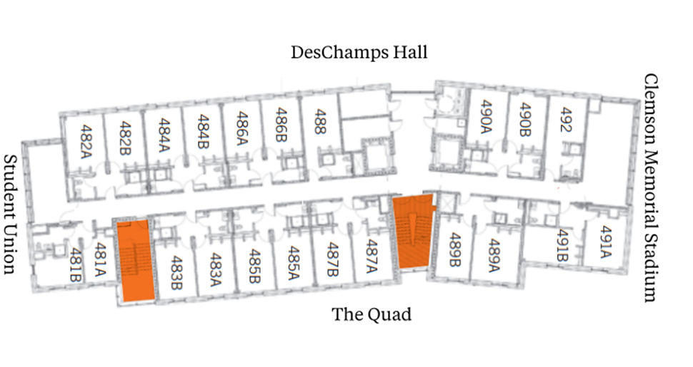 Cribb Hall fourth-floor plan showing student suites arranged along a central corridor between DesChamps Hall and The Quad, with Clemson Memorial Stadium above and Student Union below. The plan includes suites with two double rooms and a bathroom, plus stairwells highlighted in orange.