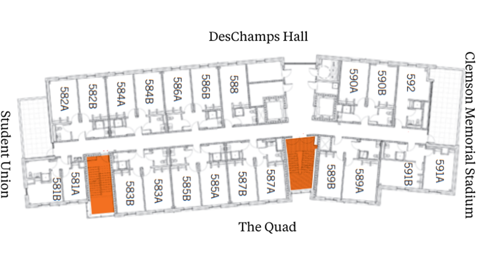 Cribb Hall fifth-floor plan showing student suites arranged along a central corridor between DesChamps Hall and The Quad, with Clemson Memorial Stadium above and Student Union below. The plan includes suites with two double rooms and a bathroom, plus stairwells highlighted in orange.