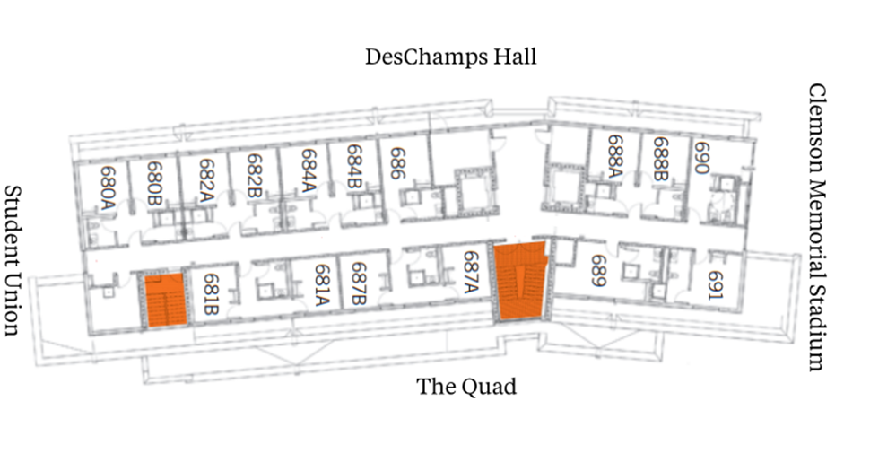 Cribb Hall sixth-floor plan showing student suites arranged along a central corridor between DesChamps Hall and The Quad, with Clemson Memorial Stadium above and Student Union below. The plan includes suites with two double rooms and a bathroom, plus stairwells highlighted in orange.