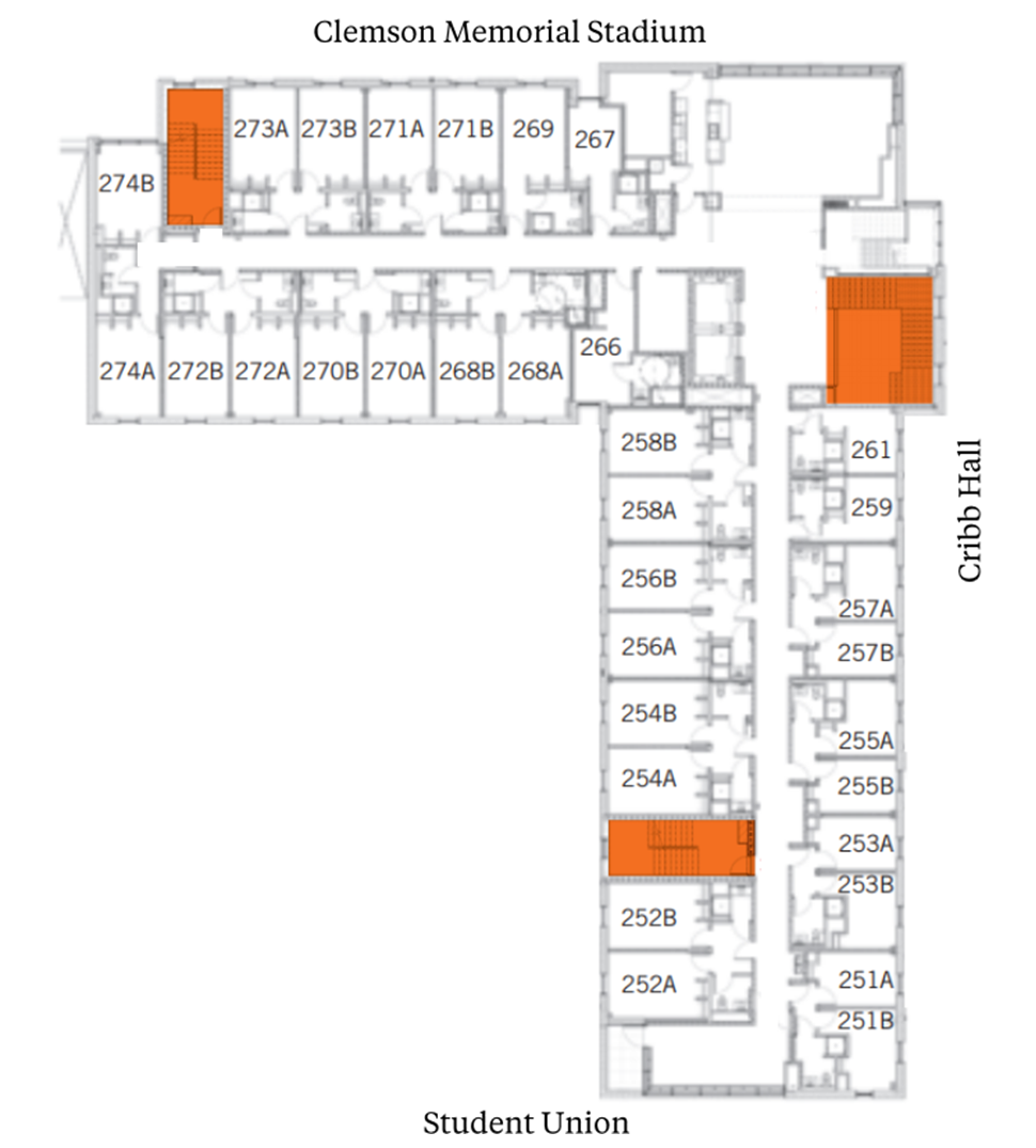 DesChamps Hall second-floor plan showing student suites arranged along central corridors between The Dish and Cribb Hall, with Clemson Memorial Stadium above and Student Union below. The plan includes suites with two double rooms and a bathroom, plus stairwells highlighted in orange.