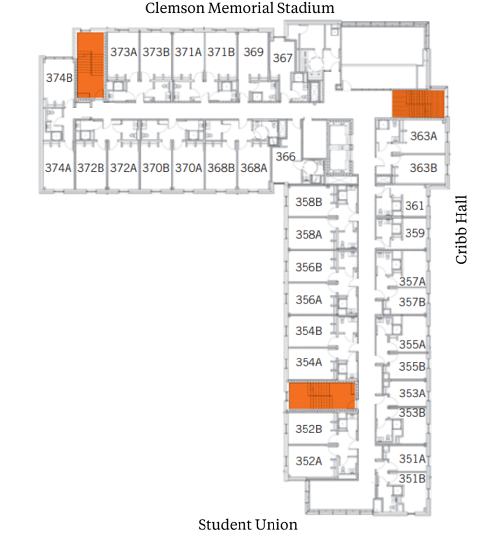 DesChamps Hall third-floor plan showing student suites arranged along central corridors between The Dish and Cribb Hall, with Clemson Memorial Stadium above and Student Union below. The plan includes suites with two double rooms and a bathroom, plus stairwells highlighted in orange.
