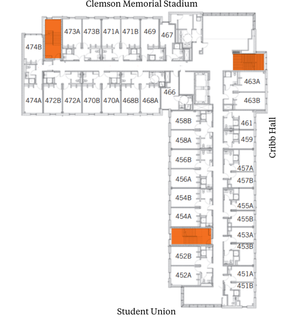 DesChamps Hall fourth-floor plan showing student suites arranged along central corridors between The Dish and Cribb Hall, with Clemson Memorial Stadium above and Student Union below. The plan includes suites with two double rooms and a bathroom, plus stairwells highlighted in orange.