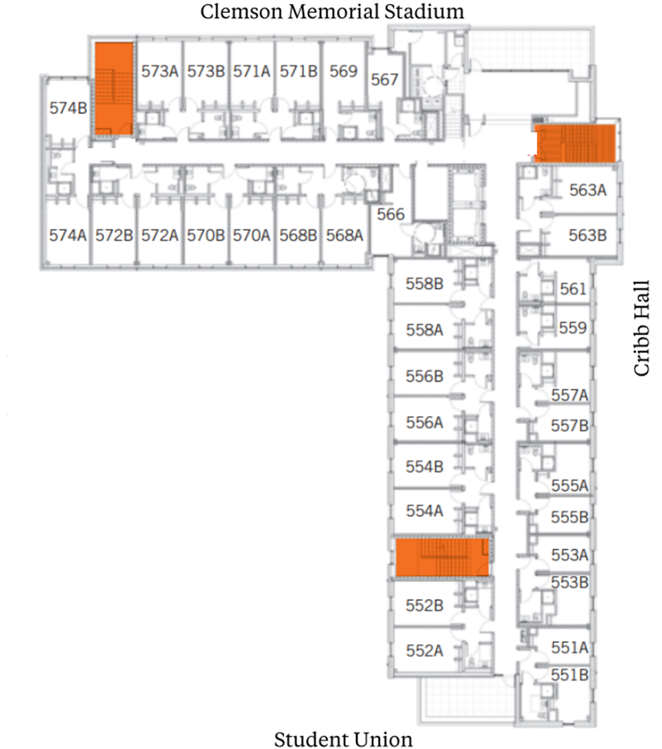DesChamps Hall fifth-floor plan showing student suites arranged along central corridors between The Dish and Cribb Hall, with Clemson Memorial Stadium above and Student Union below. The plan includes suites with two double rooms and a bathroom, plus stairwells highlighted in orange.