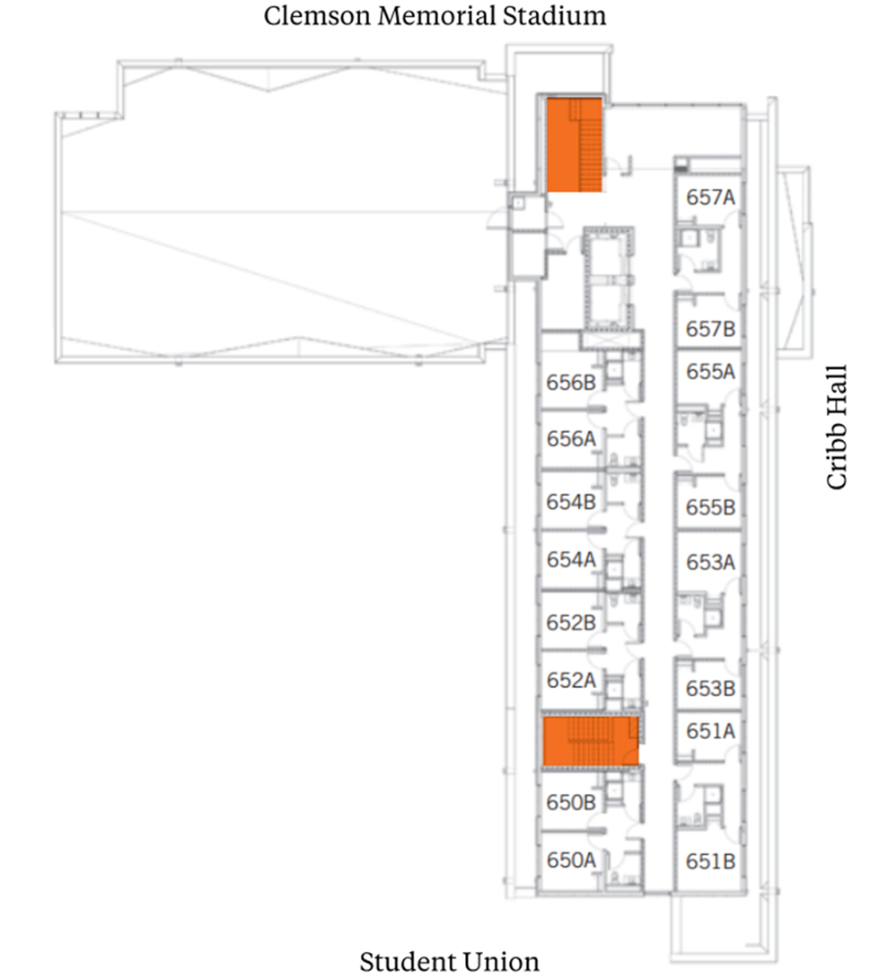DesChamps Hall sixth-floor plan showing student suites arranged along central corridors between The Dish and Cribb Hall, with Clemson Memorial Stadium above and Student Union below. The plan includes suites with two double rooms and a bathroom, plus stairwells highlighted in orange.