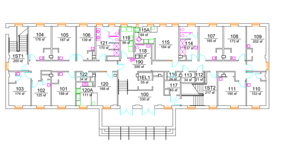 Donaldson Hall first-floor plan showing student bedrooms arranged along both sides of a double-loaded corridor. The center core includes a main lobby/lounge area, two stairwells, an elevator, study and support rooms, mechanical/electrical spaces, and multiple restroom/shower areas with ADA-accessible facilities.
