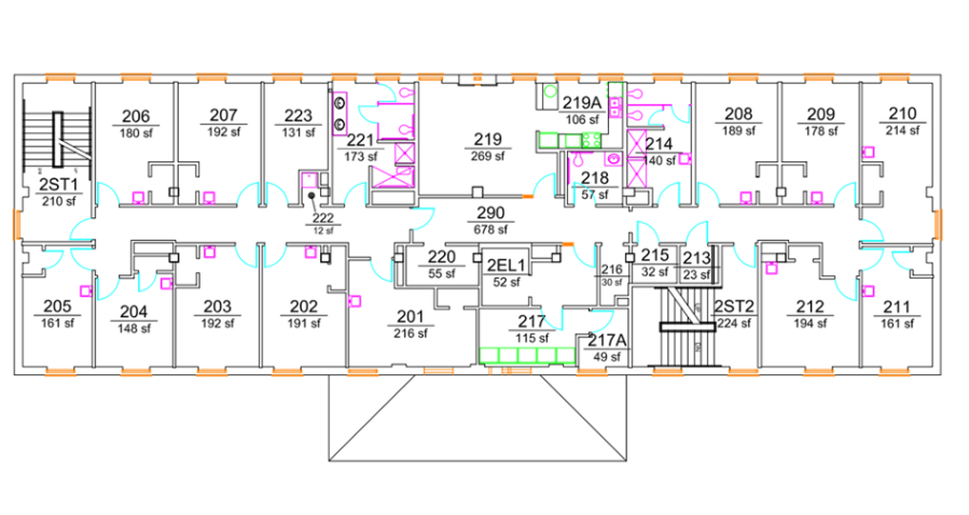 Donaldson Hall upper-floor plan showing student bedrooms arranged along both sides of a double-loaded corridor, including larger rooms at the building ends. The center core includes multiple stairwells, an elevator, lounge and support spaces, mechanical/electrical rooms, and restroom/shower areas with ADA-accessible facilities.