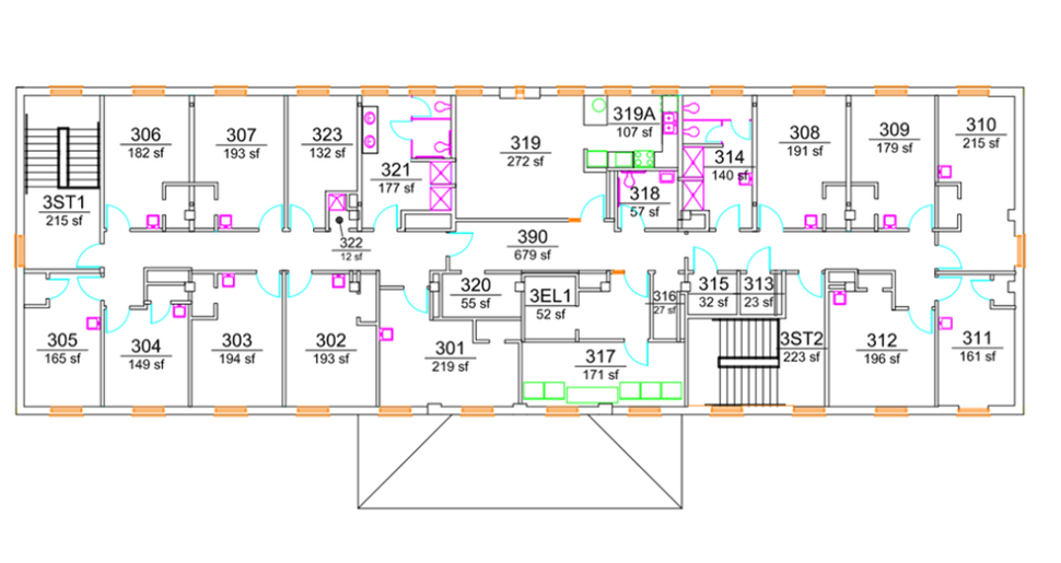 Donaldson Hall upper-floor plan showing student bedrooms arranged along both sides of a double-loaded corridor, including larger rooms at the building ends. The center core includes multiple stairwells, an elevator, lounge and support spaces, mechanical/electrical rooms, and restroom/shower areas with ADA-accessible facilities.
