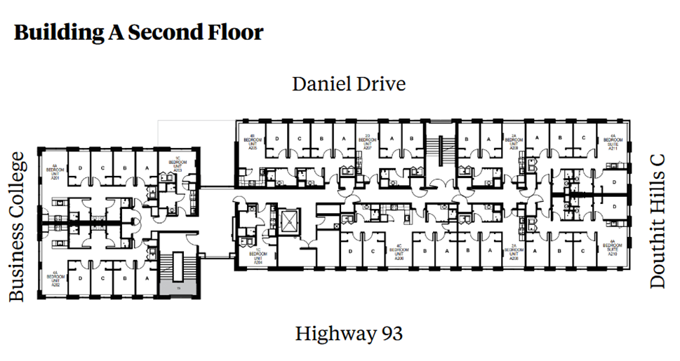 Douthit Hills Building A second-floor plan showing a residential corridor between Business College and Douthit Hills C, with Daniel Drive above and Highway 93 below. The plan includes student bedroom suites, an elevator, stairwell, shared lounge and support spaces, and multiple restroom areas with ADA-accessible units.