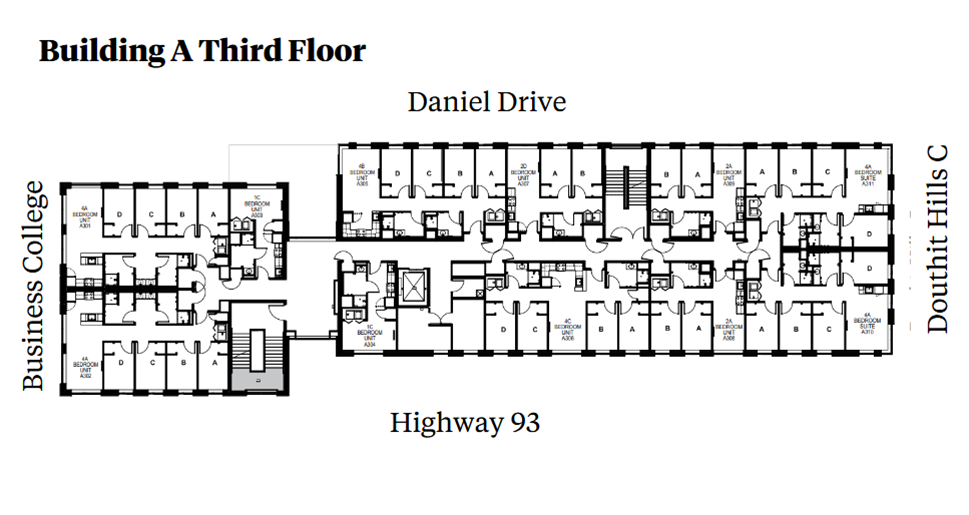 Douthit Hills Building A Third-floor plan showing a residential corridor between Business College and Douthit Hills C, with Daniel Drive above and Highway 93 below. The plan includes student bedroom suites, an elevator, stairwell, shared lounge and support spaces, and multiple restroom areas with ADA-accessible units.