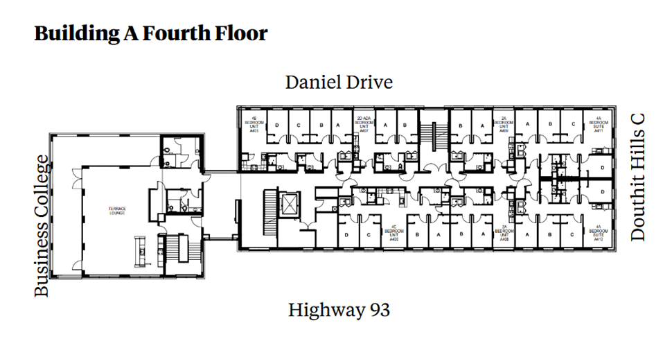 Douthit Hills Building A fourth-floor plan showing a residential corridor between Business College and Douthit Hills C, with Daniel Drive above and Highway 93 below. The plan includes student bedroom suites, an elevator, stairwells, shared lounge and terrace lounge spaces, support rooms, and multiple restroom areas with ADA-accessible units.