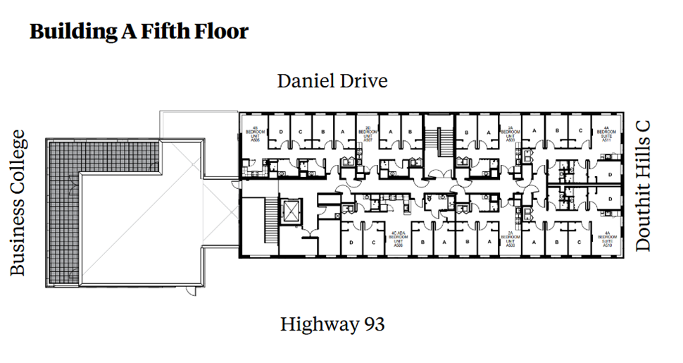 Douthit Hills Building A fifth-floor plan showing a residential corridor between Business College and Douthit Hills C, with Daniel Drive above and Highway 93 below. The plan includes student bedroom suites, an elevator, stairwells, shared support spaces and restroom areas with ADA-accessible units.