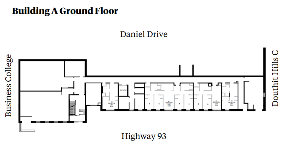 Douthit Hills Building A ground-floor plan showing a long residential corridor between Business College and Douthit Hills C, with Daniel Drive above and Highway 93 below. The plan includes student bedroom units, an elevator, stairwell, and support spaces along the corridor.