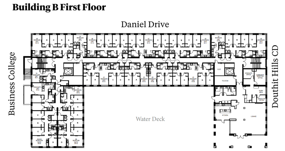 Douthit Hills Building B first-floor plan showing a residential corridor between Business College and Douthit Hills D, with Daniel Drive above and a Water Deck. The plan includes student bedroom suites, elevators, stairwells, shared lounge and kitchen spaces, offices, support rooms, and multiple restroom areas with ADA-accessible units. The main entrance into the building and the water deack entrance are located on this level.