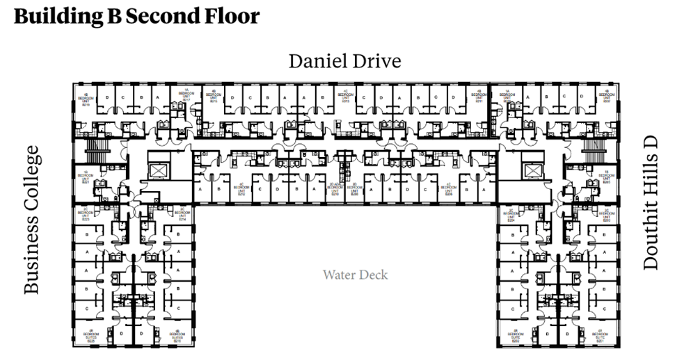 Douthit Hills Building B second-floor plan showing residential corridors between Business College and Douthit Hills D, with Daniel Drive above and a Water Deck below. The plan includes student bedroom suites, elevators, stairwells, shared support spaces, and multiple restroom areas with ADA-accessible units.