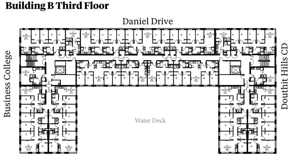 Douthit Hills Building B third-floor plan showing residential corridors between Business College and Douthit Hills D, with Daniel Drive above and a Water Deck below. The plan includes student bedroom suites, elevators, stairwells, shared support spaces, and multiple restroom areas with ADA-accessible units.