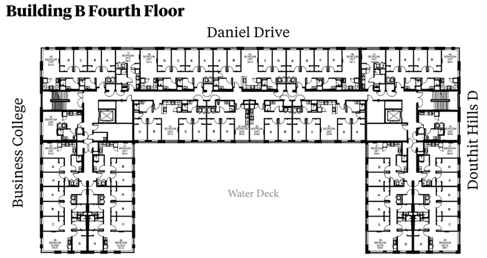 Douthit Hills Building B fourth-floor plan showing residential corridors between Business College and Douthit Hills D, with Daniel Drive above and a Water Deck below. The plan includes student bedroom suites, elevators, stairwells, shared support spaces, and multiple restroom areas with ADA-accessible units.