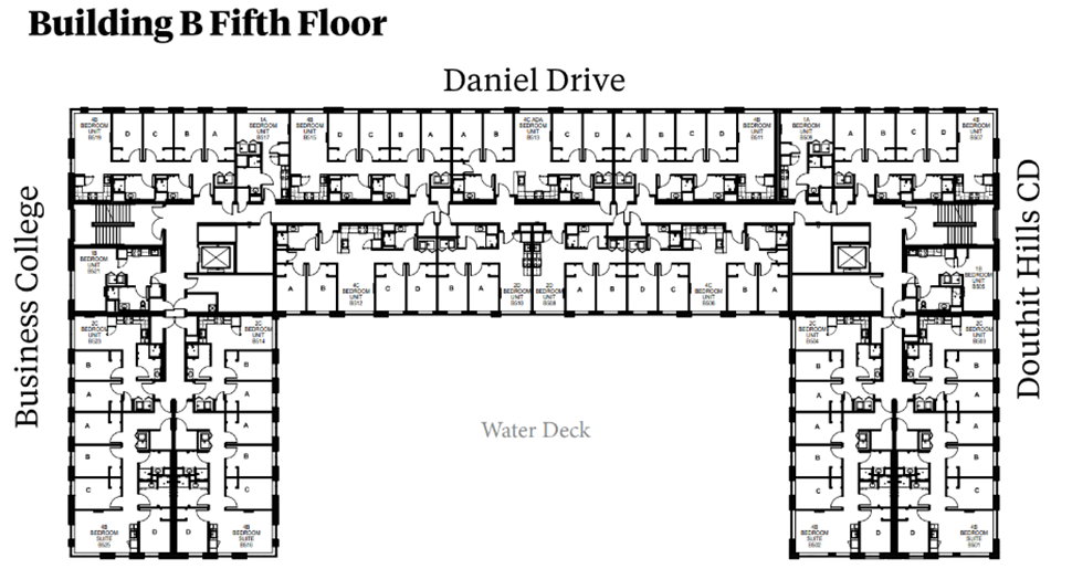 Douthit Hills Building B fifth-floor plan showing residential corridors between Business College and Douthit Hills D, with Daniel Drive above and a Water Deck below. The plan includes student bedroom suites, elevators, stairwells, shared support spaces, and multiple restroom areas with ADA-accessible units.