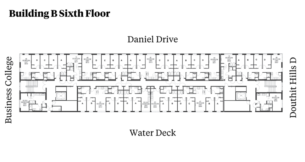 Douthit Hills Building B sixth-floor plan showing a residential corridor between Business College and Douthit Hills D, with Daniel Drive above and the Water Deck below. The plan includes student bedroom suites, elevators, stairwells, shared support spaces, and restroom areas with ADA-accessible units.