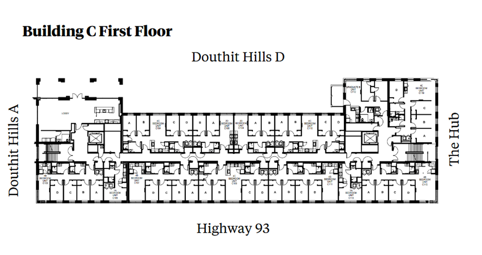 Douthit Hills Building C first-floor plan showing a residential corridor between Douthit Hills A and The Hub, with Douthit Hills D above and Highway 93 below. The plan includes student bedroom suites, elevators, stairwells, and multiple restroom areas with ADA-accessible units.
