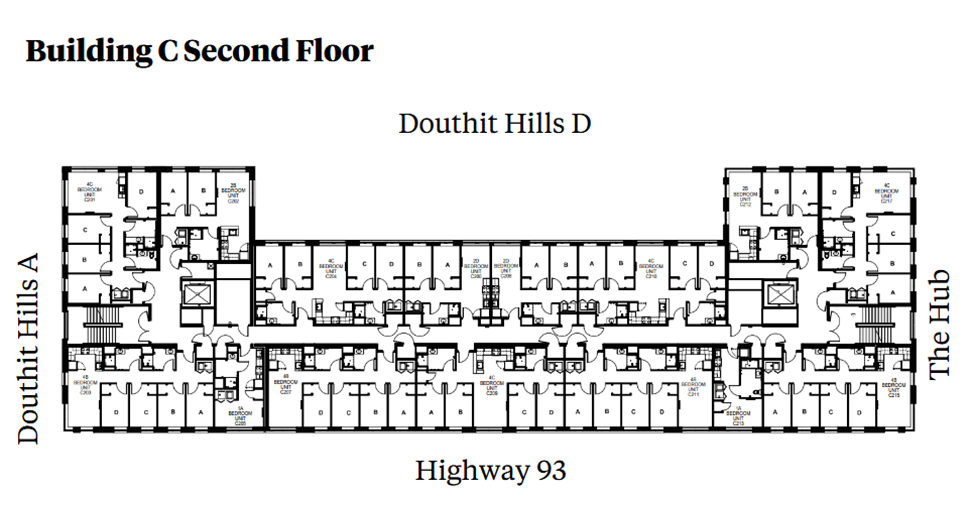 Douthit Hills Building C Second-floor plan showing a residential corridor between Douthit Hills A and The Hub, with Douthit Hills D above and Highway 93 below. The plan includes student bedroom suites, elevators, stairwells, and multiple restroom areas with ADA-accessible units.