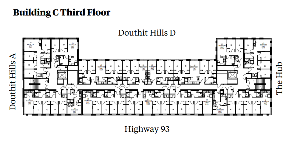 Douthit Hills Building C third-floor plan showing a residential corridor between Douthit Hills A and The Hub, with Douthit Hills D above and Highway 93 below. The plan includes student bedroom suites, elevators, stairwells, and multiple restroom areas with ADA-accessible units.