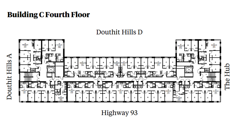 Douthit Hills Building C fourth-floor plan showing a residential corridor between Douthit Hills A and The Hub, with Douthit Hills D above and Highway 93 below. The plan includes student bedroom suites, elevators, stairwells, and multiple restroom areas with ADA-accessible units.