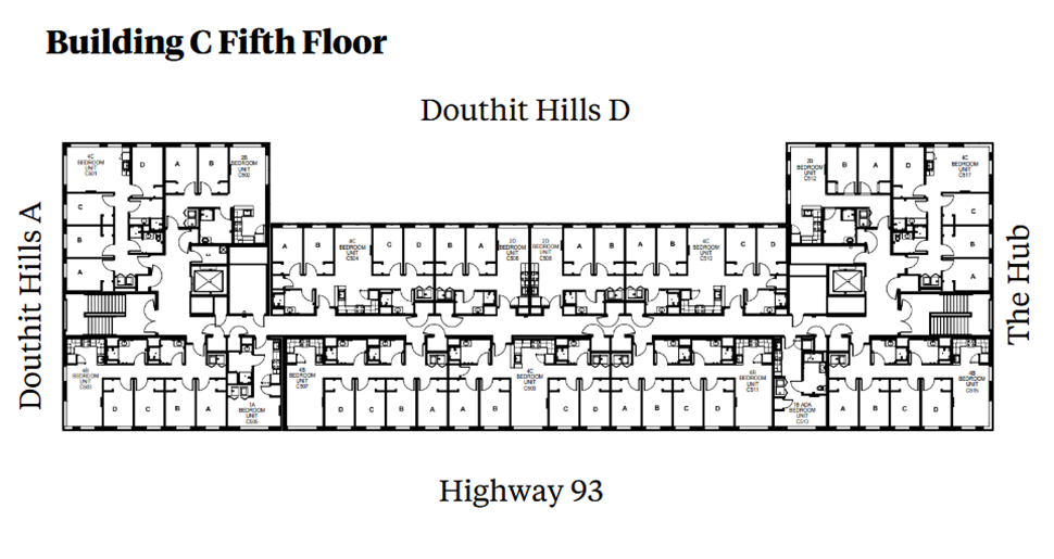 Douthit Hills Building C fifth-floor plan showing a residential corridor between Douthit Hills A and The Hub, with Douthit Hills D above and Highway 93 below. The plan includes student bedroom suites, elevators, stairwells, and multiple restroom areas with ADA-accessible units.